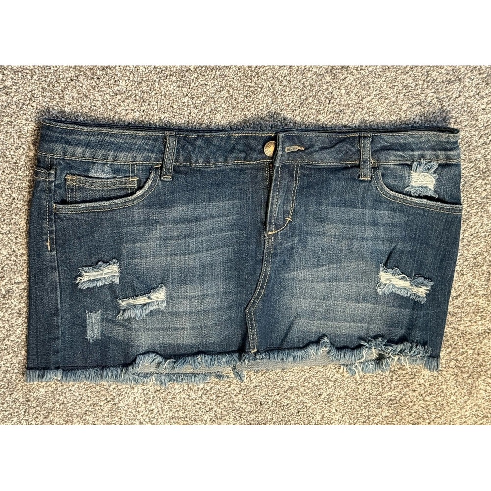 Wet Seal Womens Blue Denim Distressed Mini Skirt Size 11 Medium Wash Raw Hem Y2K